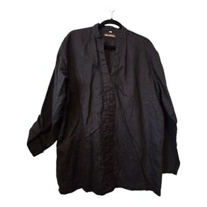 Island Importer 100% Linen Tunic Women XL Black Shirt Top Roll Tab Sleeve Cruise
